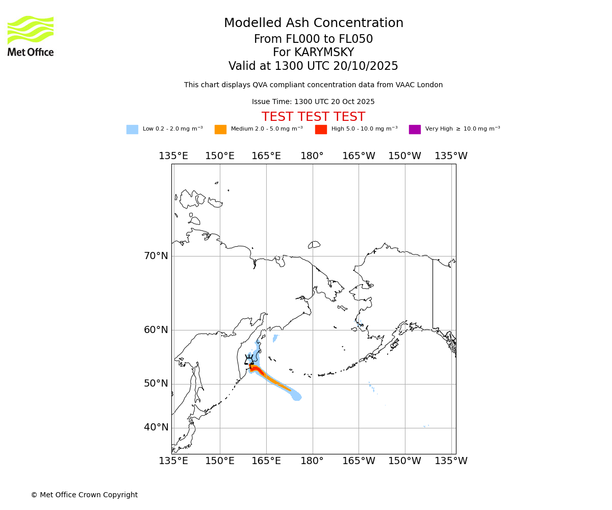 Modelled ash concentration from 000 to 050 for KARYMSKY. Valid at 1300 UTC 20/10/2025