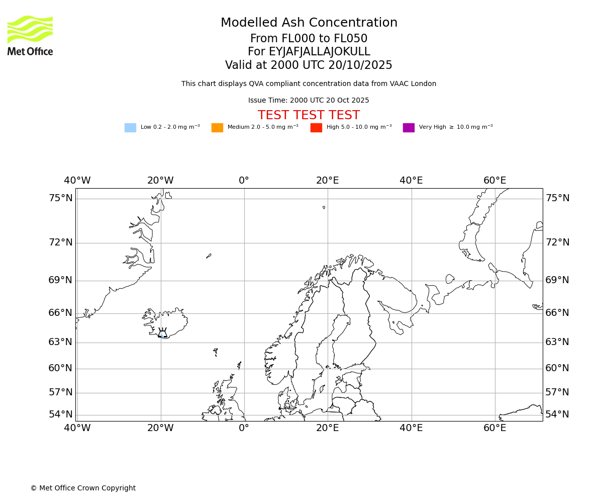 Modelled ash concentration from 000 to 050 for EYJAFJALLAJOKULL. Valid at 2000 UTC 20/10/2025