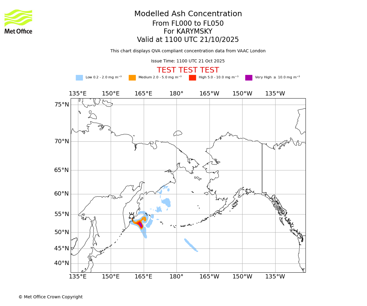 Modelled ash concentration from 000 to 050 for KARYMSKY. Valid at 1100 UTC 21/10/2025