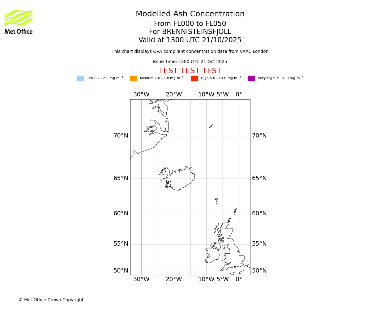 Modelled ash concentration from 000 to 050 for BRENNISTEINSFJOLL. Valid at 1300 UTC 21/10/2025