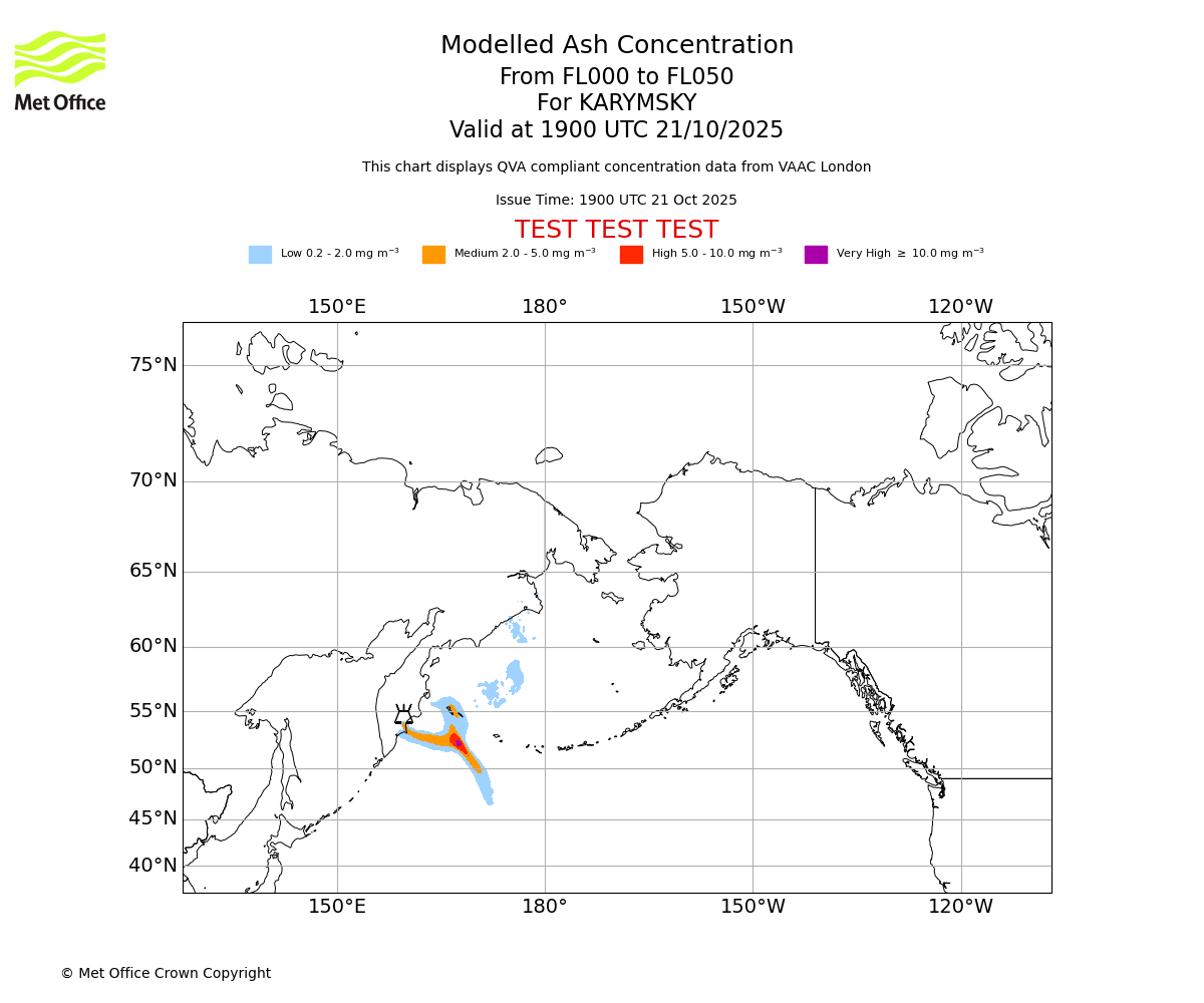 Modelled ash concentration from 000 to 050 for KARYMSKY. Valid at 1900 UTC 21/10/2025