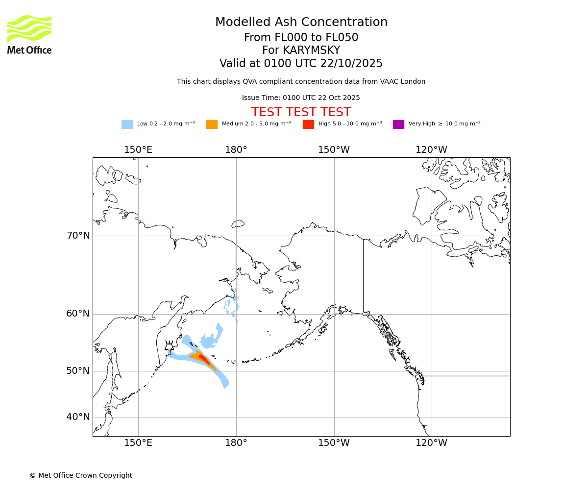 Modelled ash concentration from 000 to 050 for KARYMSKY. Valid at 0100 UTC 22/10/2025