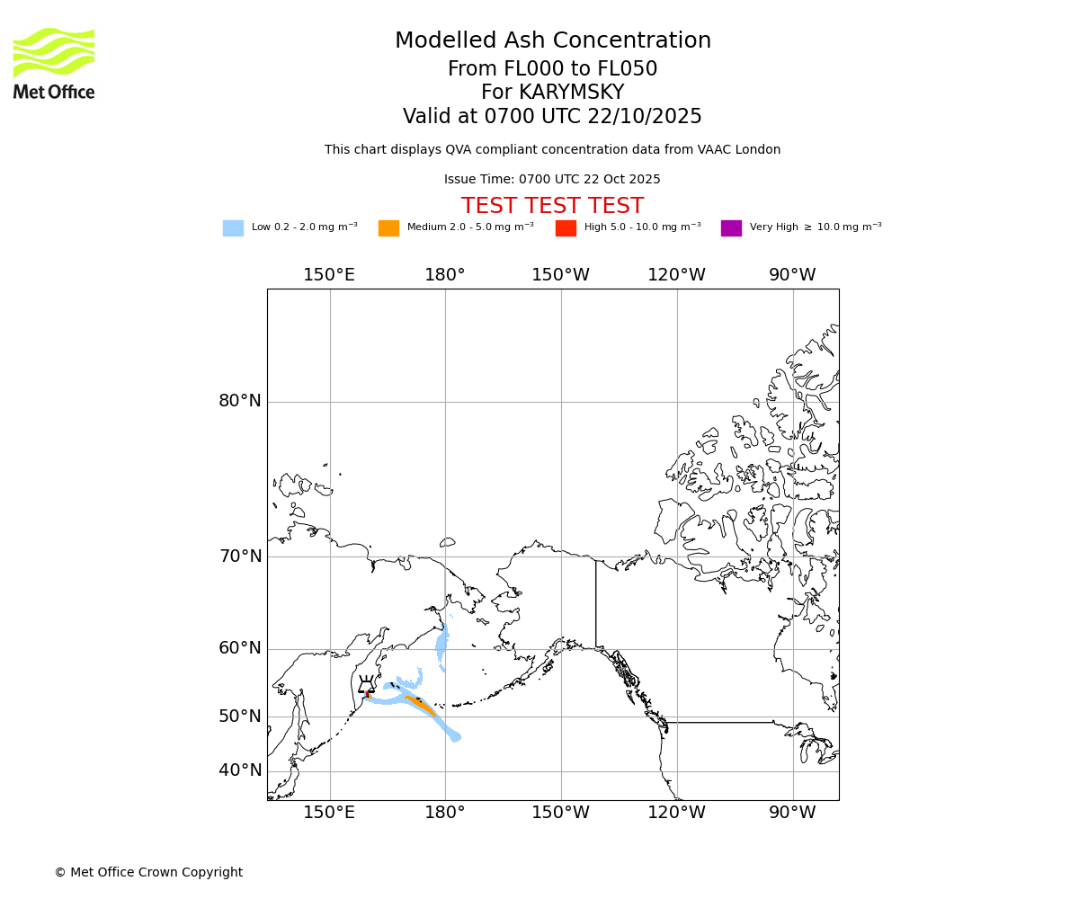 Modelled ash concentration from 000 to 050 for KARYMSKY. Valid at 0700 UTC 22/10/2025
