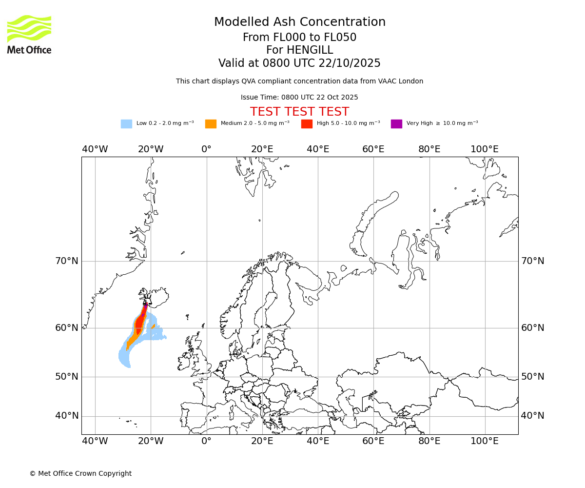 Modelled ash concentration from 000 to 050 for HENGILL. Valid at 0800 UTC 22/10/2025