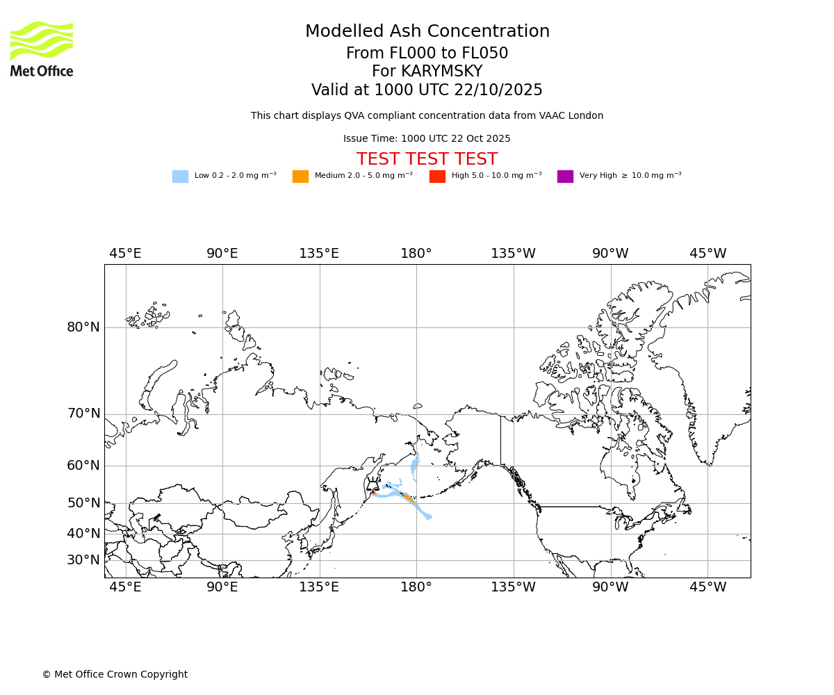 Modelled ash concentration from 000 to 050 for KARYMSKY. Valid at 1000 UTC 22/10/2025