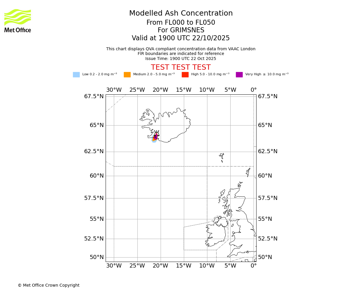 Modelled ash concentration from 000 to 050 for GRIMSNES. Valid at 1900 UTC 22/10/2025