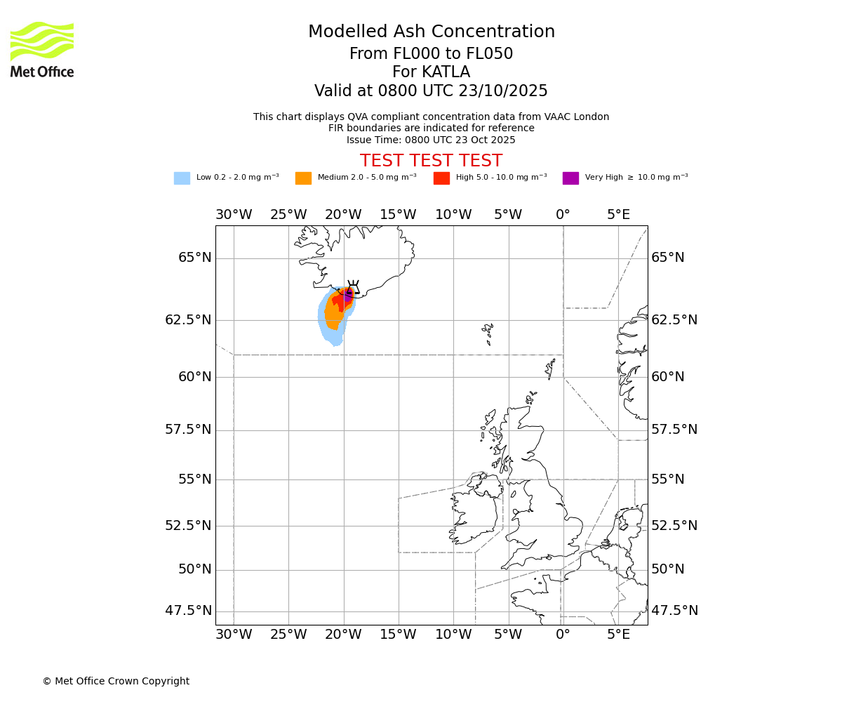 Modelled ash concentration from 000 to 050 for KATLA. Valid at 0800 UTC 23/10/2025