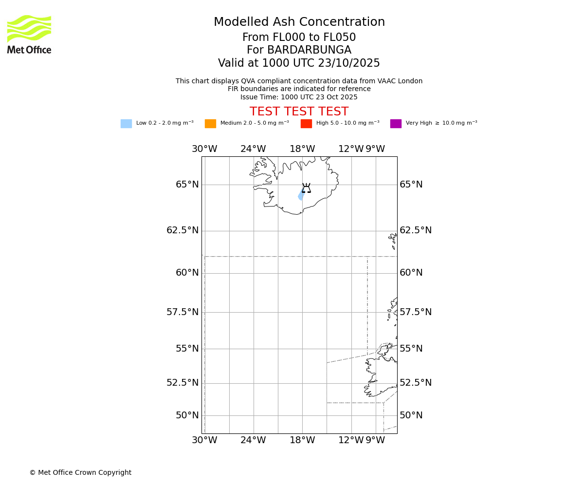 Modelled ash concentration from 000 to 050 for BARDARBUNGA. Valid at 1000 UTC 23/10/2025