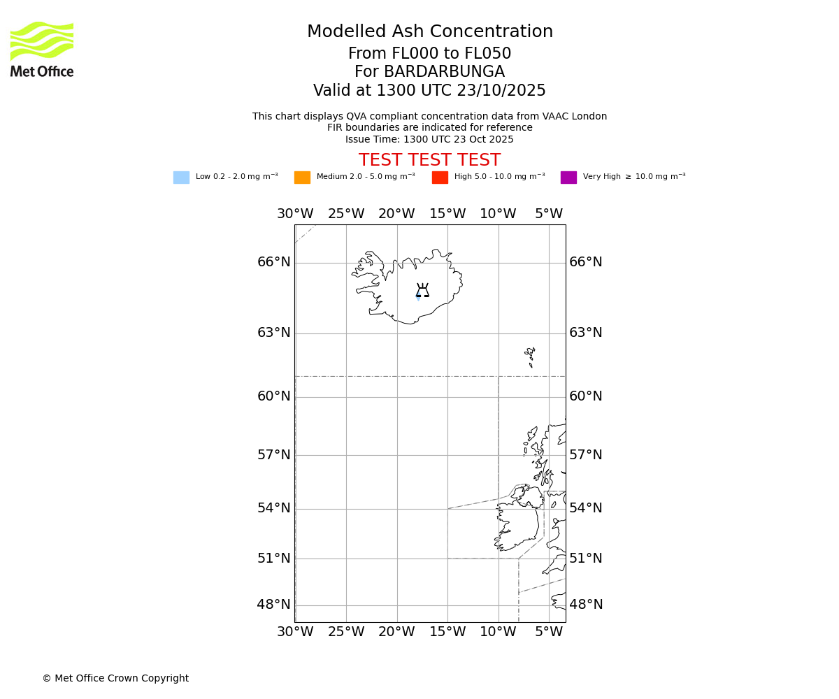 Modelled ash concentration from 000 to 050 for BARDARBUNGA. Valid at 1300 UTC 23/10/2025