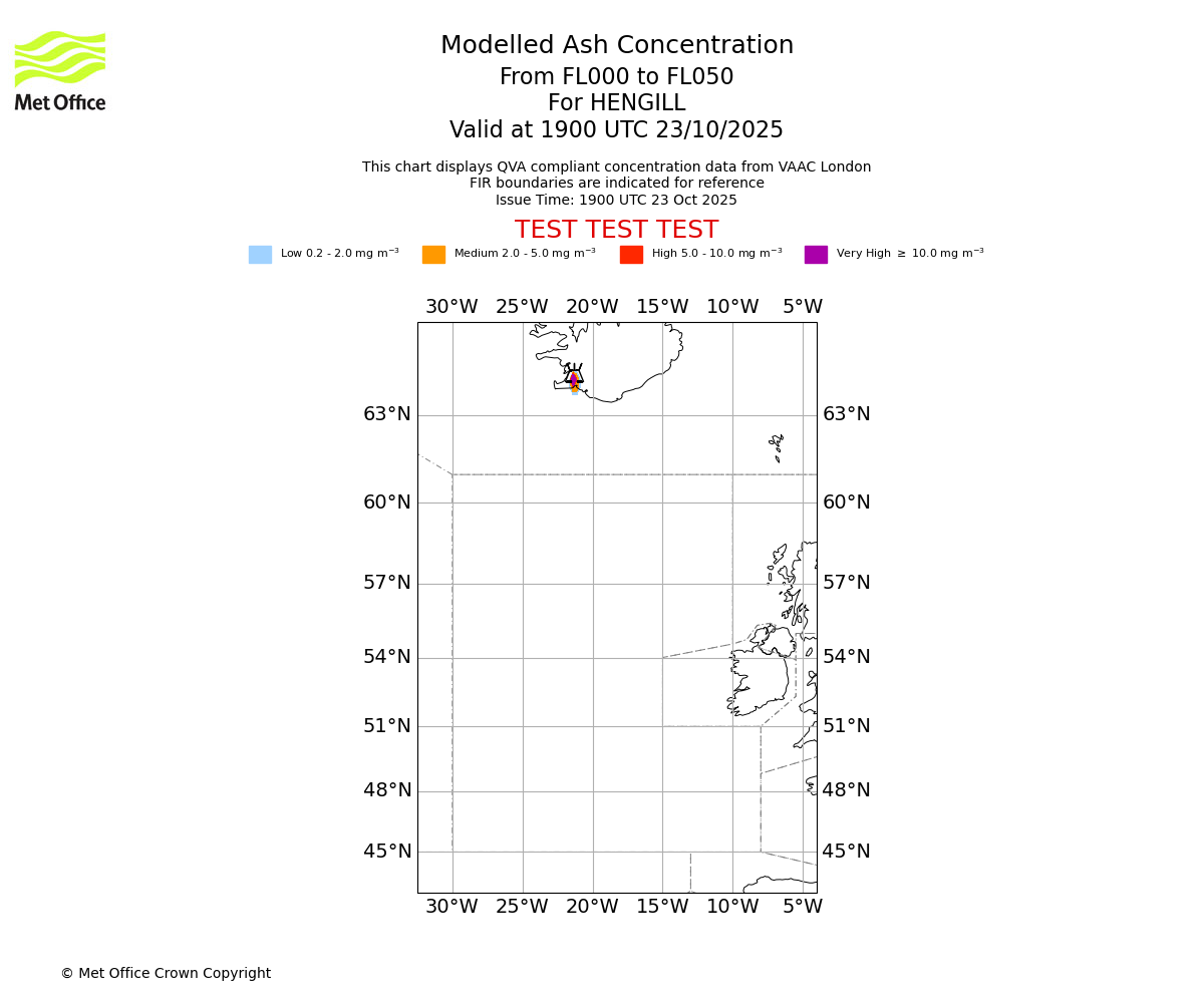 Modelled ash concentration from 000 to 050 for HENGILL. Valid at 1900 UTC 23/10/2025
