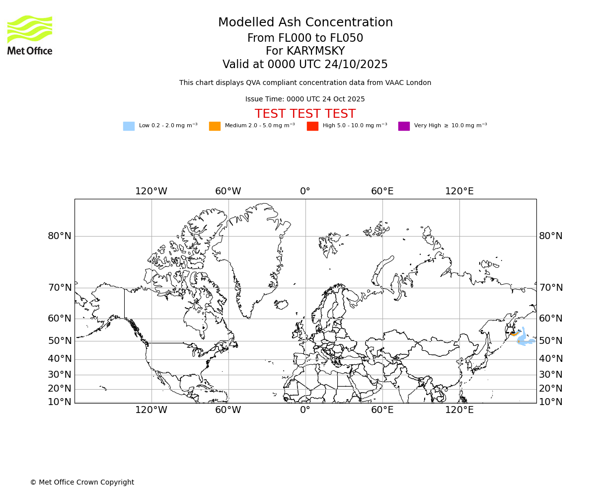 Modelled ash concentration from 000 to 050 for KARYMSKY. Valid at 0000 UTC 24/10/2025
