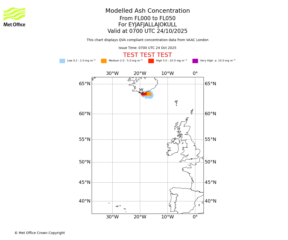 Modelled ash concentration from 000 to 050 for EYJAFJALLAJOKULL. Valid at 0700 UTC 24/10/2025