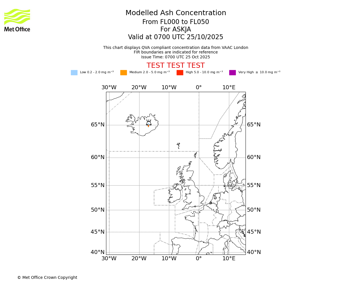 Modelled ash concentration from 000 to 050 for ASKJA. Valid at 0700 UTC 25/10/2025