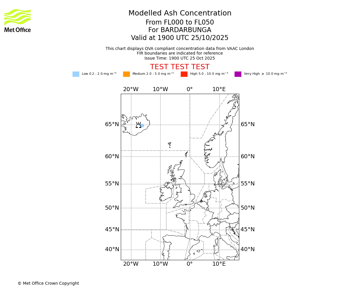 Modelled ash concentration from 000 to 050 for BARDARBUNGA. Valid at 1900 UTC 25/10/2025