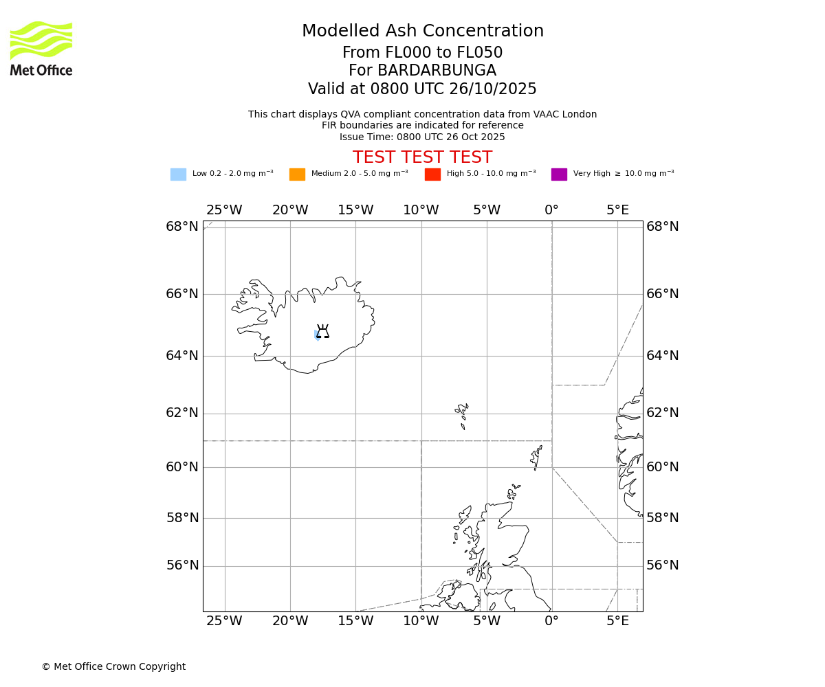 Modelled ash concentration from 000 to 050 for BARDARBUNGA. Valid at 0800 UTC 26/10/2025