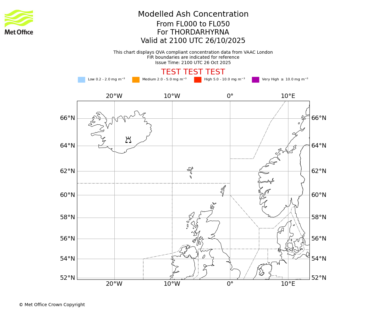 Modelled ash concentration from 000 to 050 for THORDARHYRNA. Valid at 2100 UTC 26/10/2025