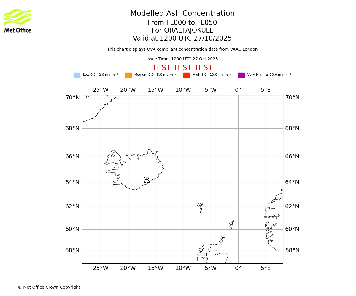 Modelled ash concentration from 000 to 050 for ORAEFAJOKULL. Valid at 1200 UTC 27/10/2025