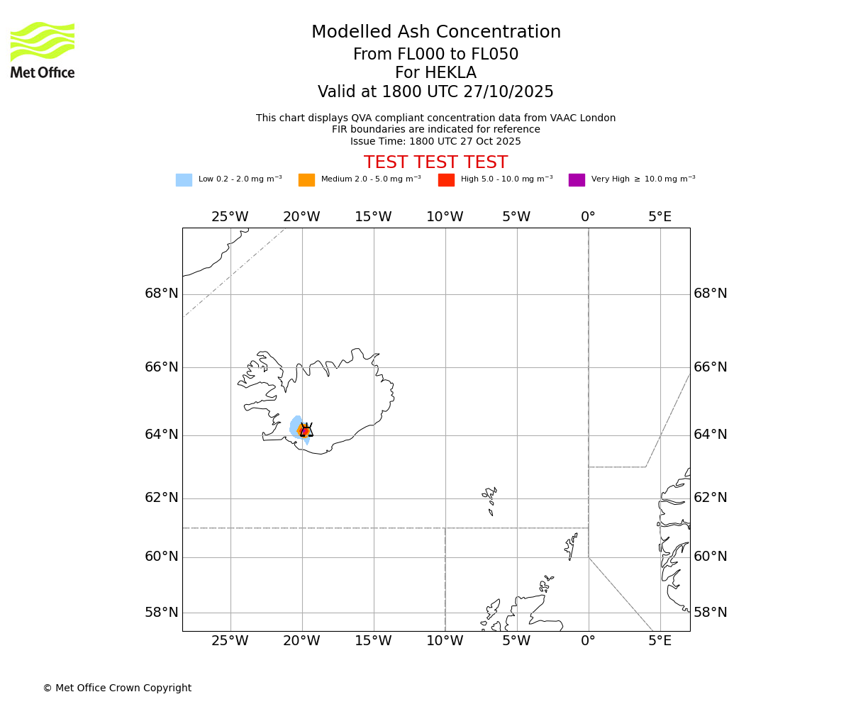 Modelled ash concentration from 000 to 050 for HEKLA. Valid at 1800 UTC 27/10/2025