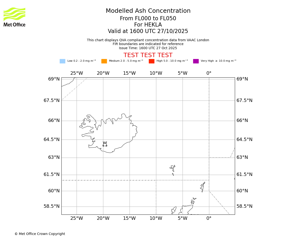 Modelled ash concentration from 000 to 050 for HEKLA. Valid at 1600 UTC 27/10/2025