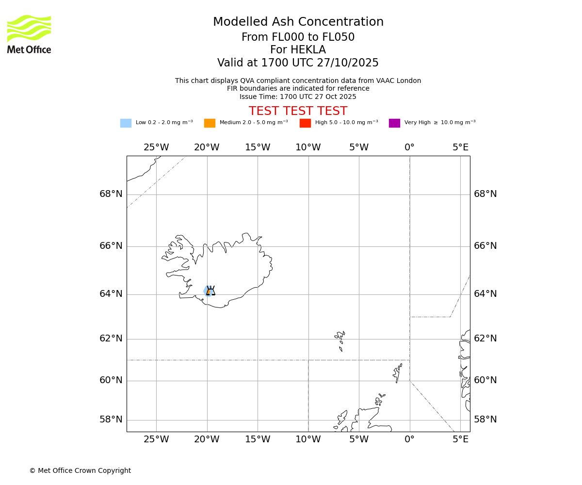 Modelled ash concentration from 000 to 050 for HEKLA. Valid at 1700 UTC 27/10/2025