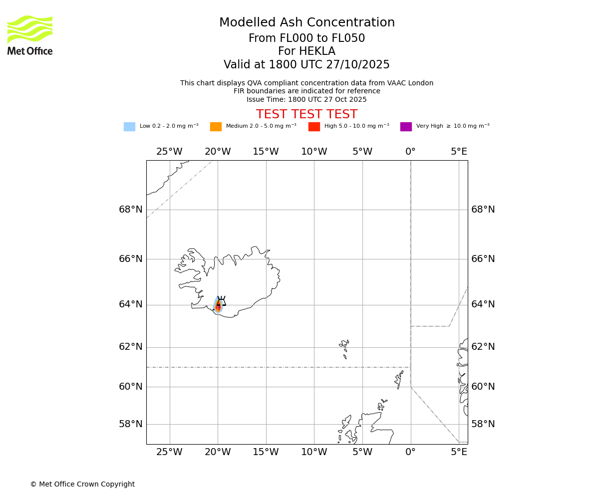 Modelled ash concentration from 000 to 050 for HEKLA. Valid at 1800 UTC 27/10/2025