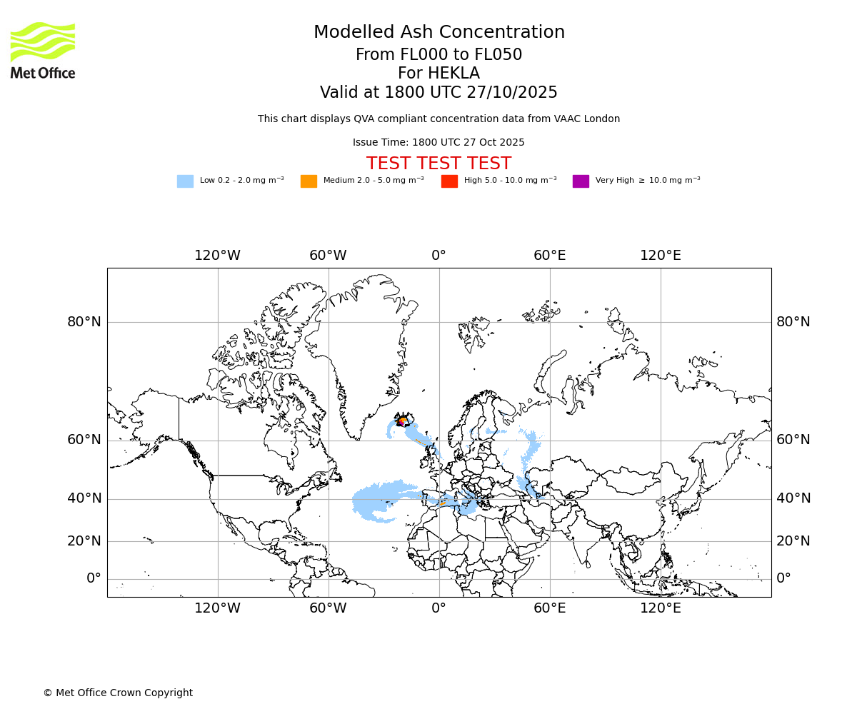 Modelled ash concentration from 000 to 050 for HEKLA. Valid at 1800 UTC 27/10/2025