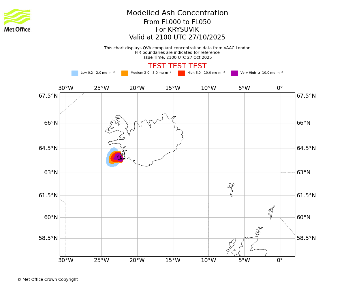 Modelled ash concentration from 000 to 050 for KRYSUVIK. Valid at 2100 UTC 27/10/2025