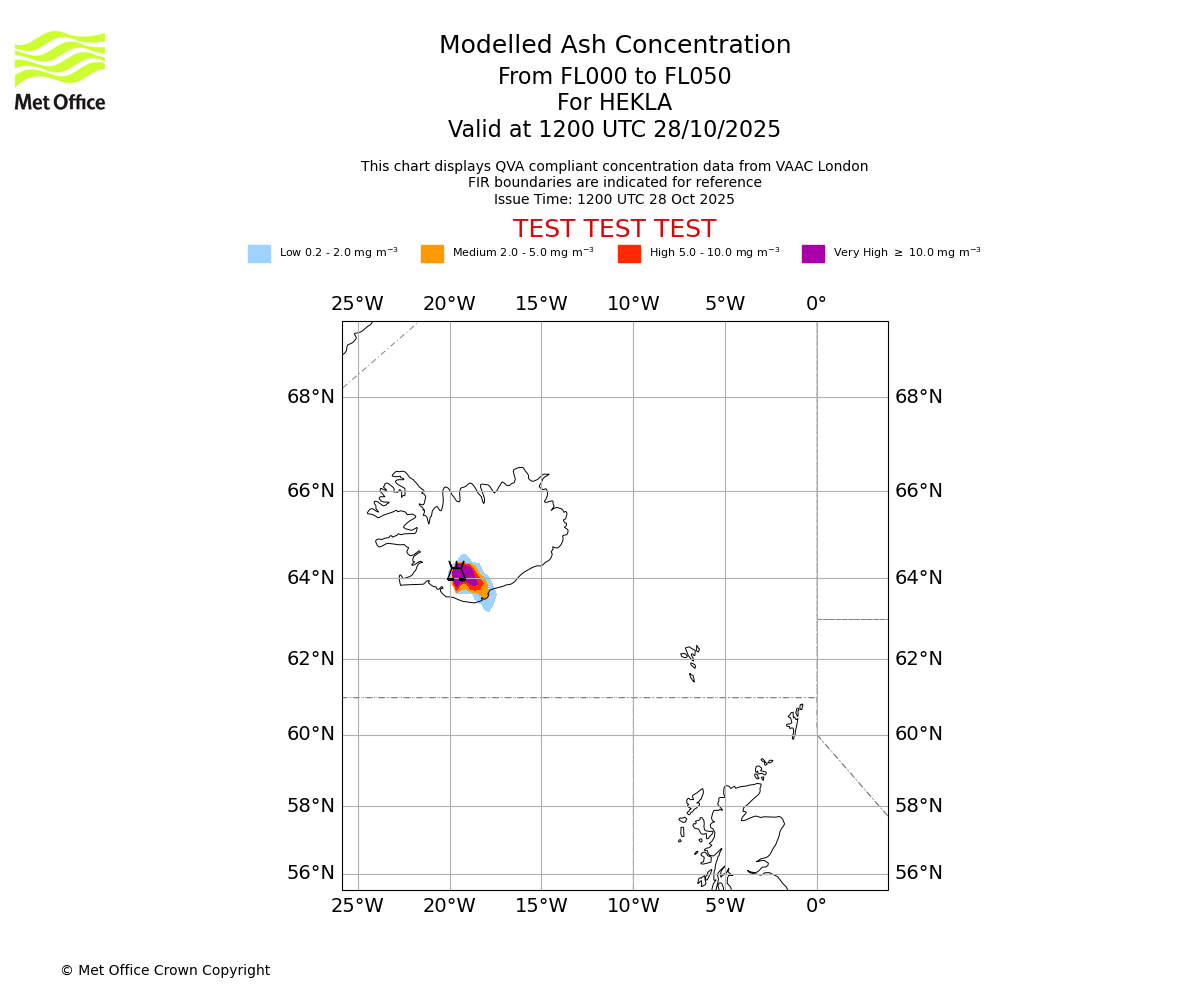Modelled ash concentration from 000 to 050 for HEKLA. Valid at 1200 UTC 28/10/2025