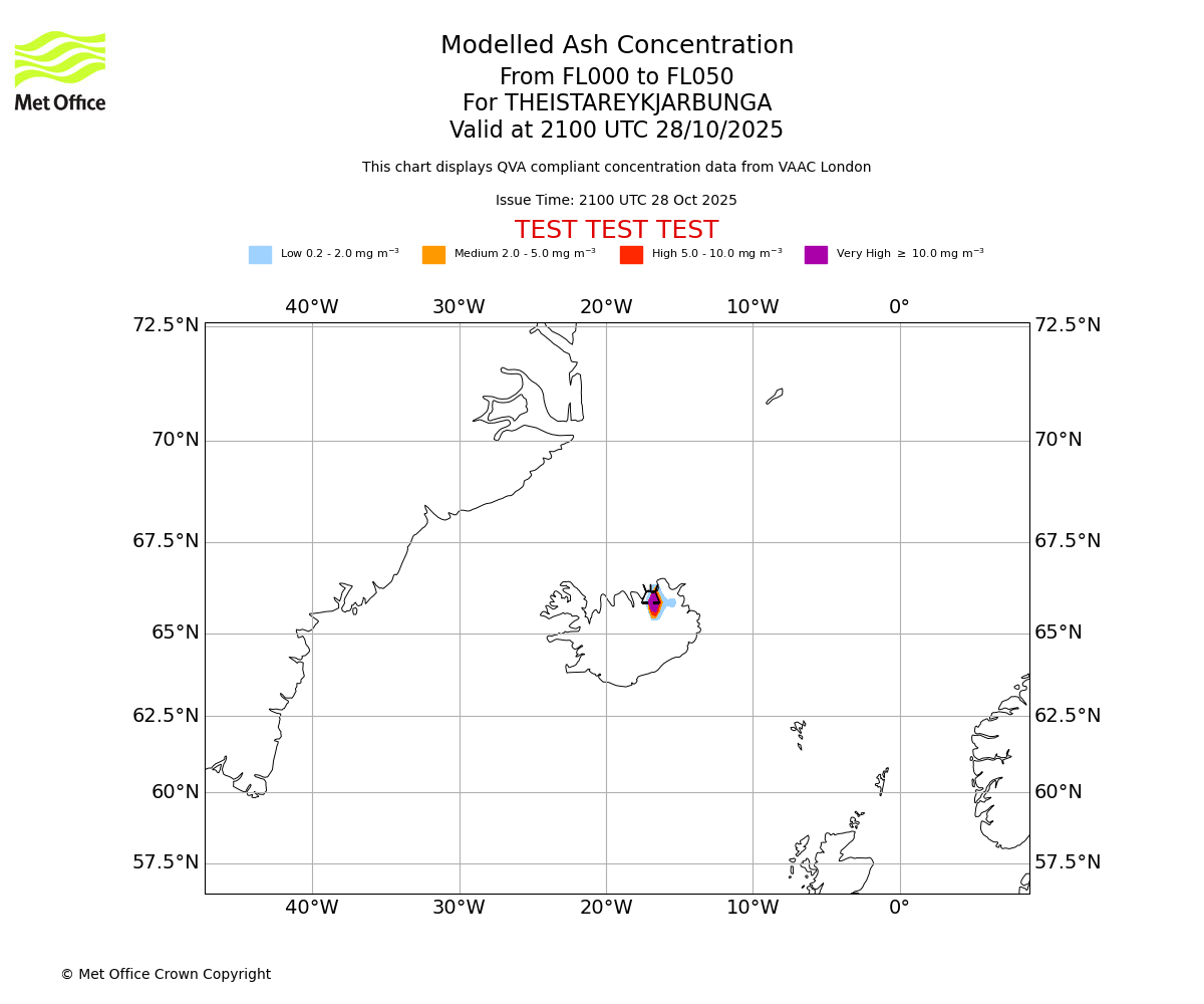 Modelled ash concentration from 000 to 050 for THEISTAREYKJARBUNGA. Valid at 2100 UTC 28/10/2025