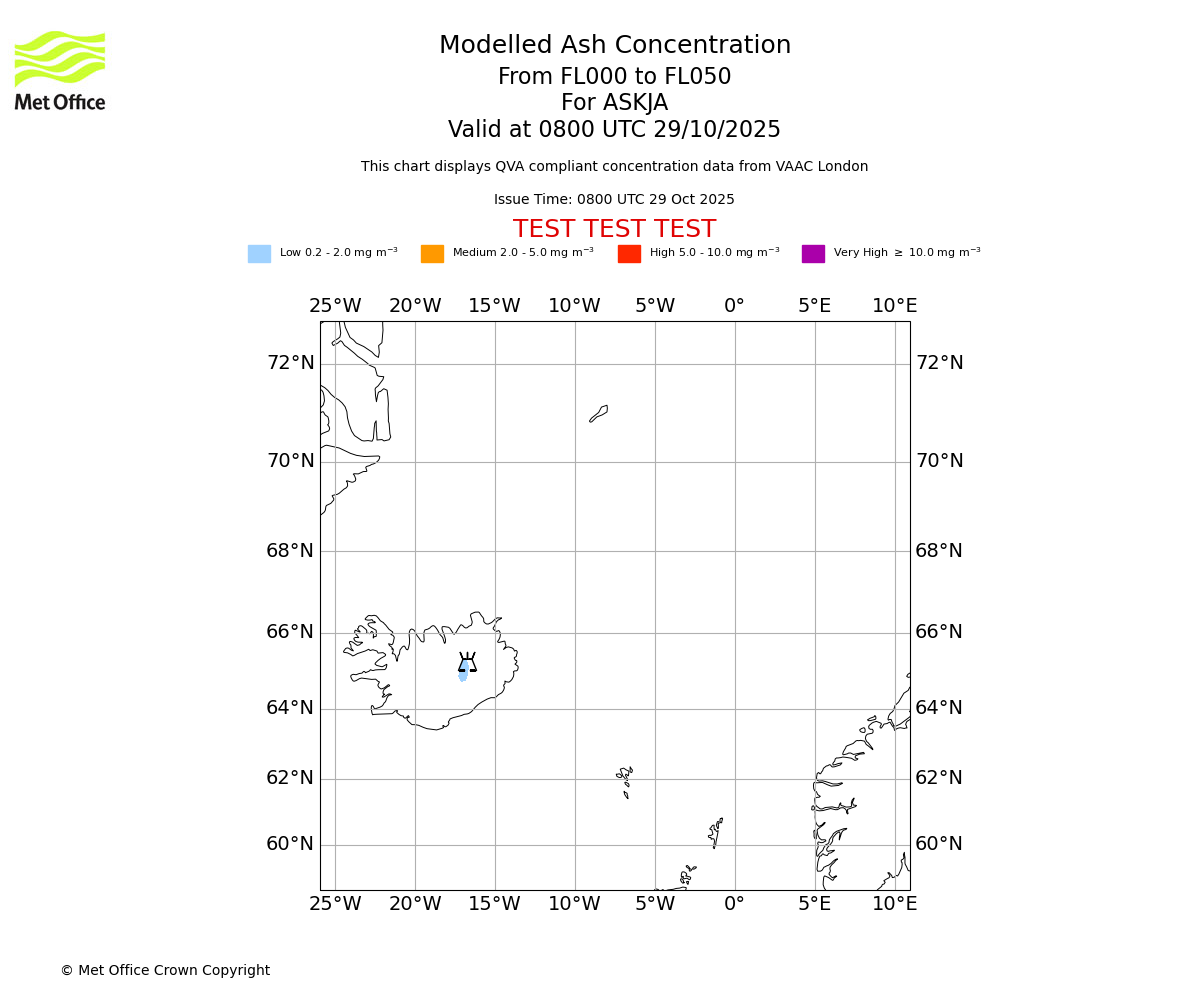 Modelled ash concentration from 000 to 050 for ASKJA. Valid at 0800 UTC 29/10/2025