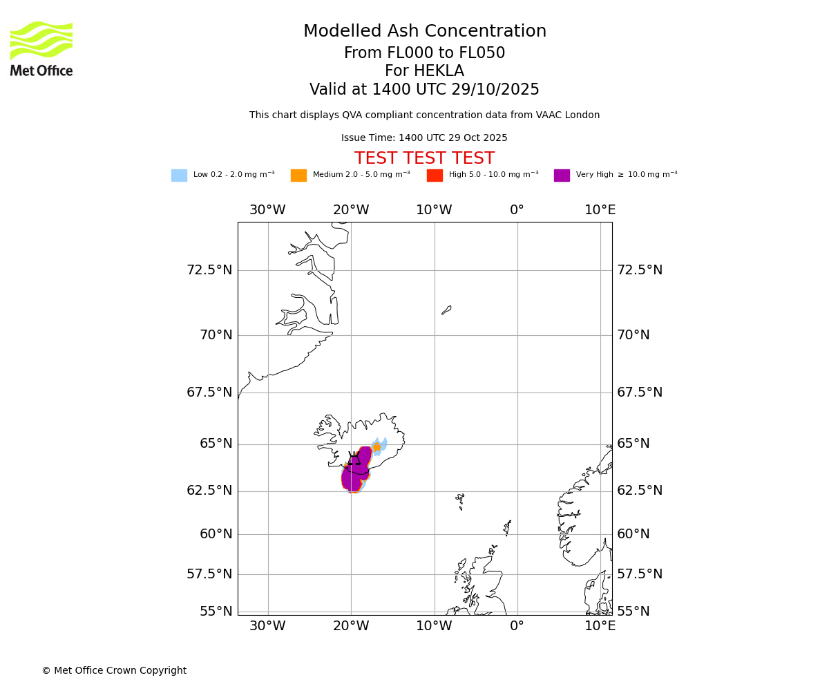 Modelled ash concentration from 000 to 050 for HEKLA. Valid at 1400 UTC 29/10/2025