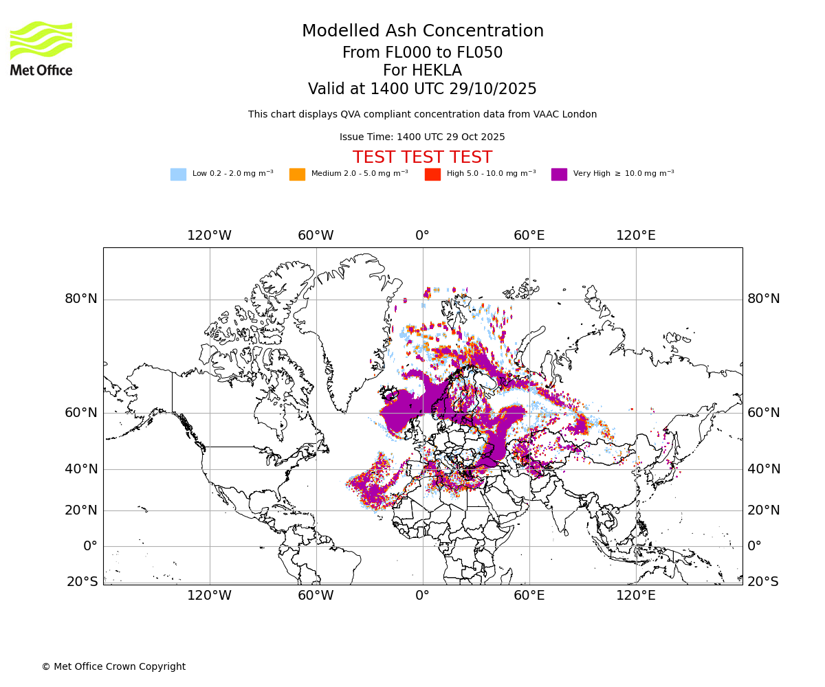 Modelled ash concentration from 000 to 050 for HEKLA. Valid at 1400 UTC 29/10/2025