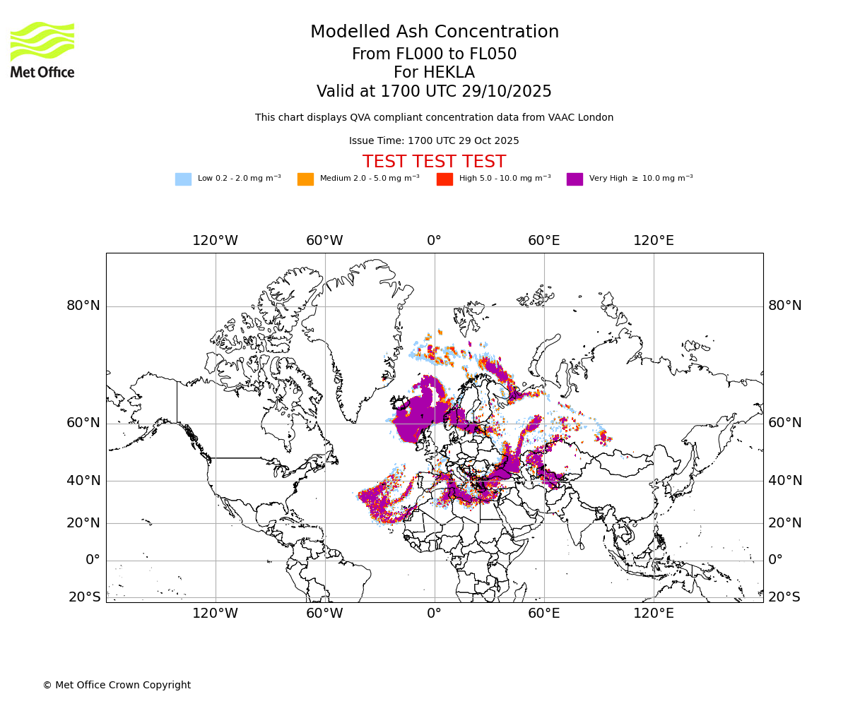 Modelled ash concentration from 000 to 050 for HEKLA. Valid at 1700 UTC 29/10/2025