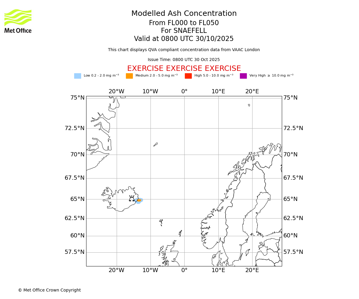 Modelled ash concentration from 000 to 050 for SNAEFELL. Valid at 0800 UTC 30/10/2025