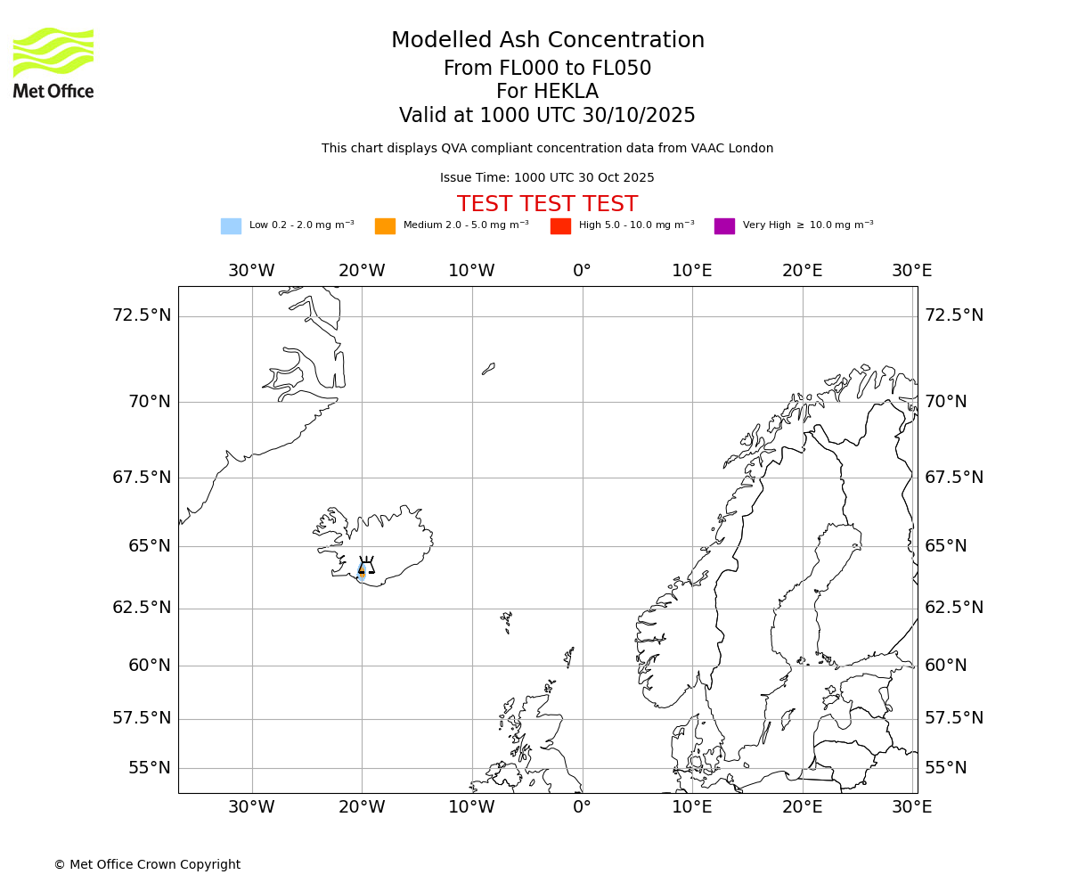Modelled ash concentration from 000 to 050 for HEKLA. Valid at 1000 UTC 30/10/2025