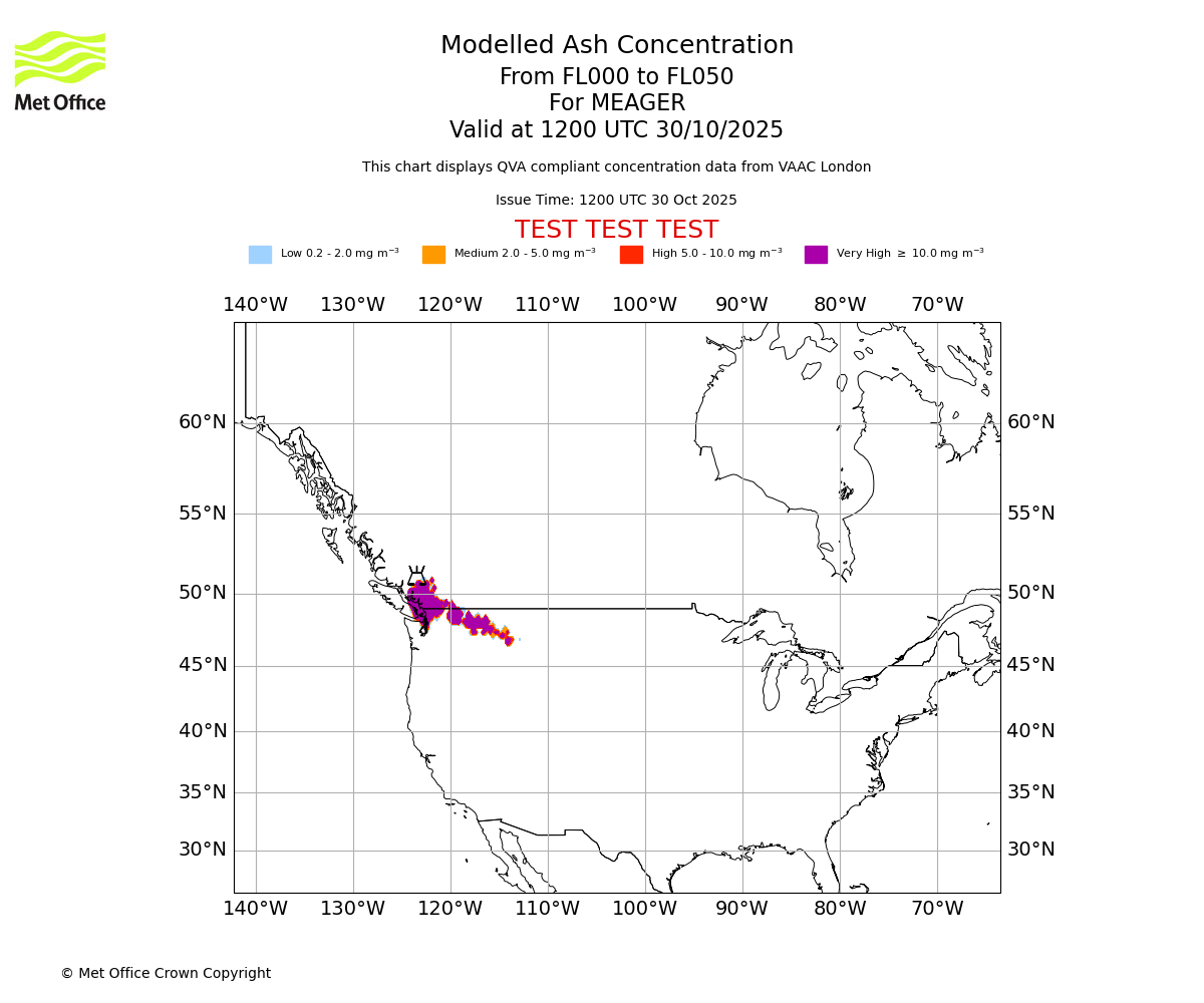 Modelled ash concentration from 000 to 050 for MEAGER. Valid at 1200 UTC 30/10/2025