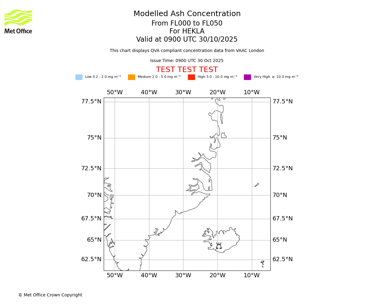 Modelled ash concentration from 000 to 050 for HEKLA. Valid at 0900 UTC 30/10/2025