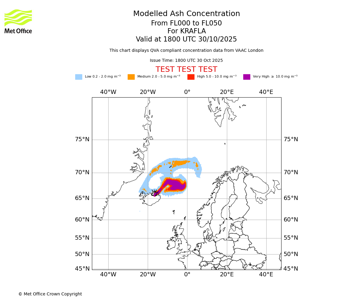 Modelled ash concentration from 000 to 050 for KRAFLA. Valid at 1800 UTC 30/10/2025