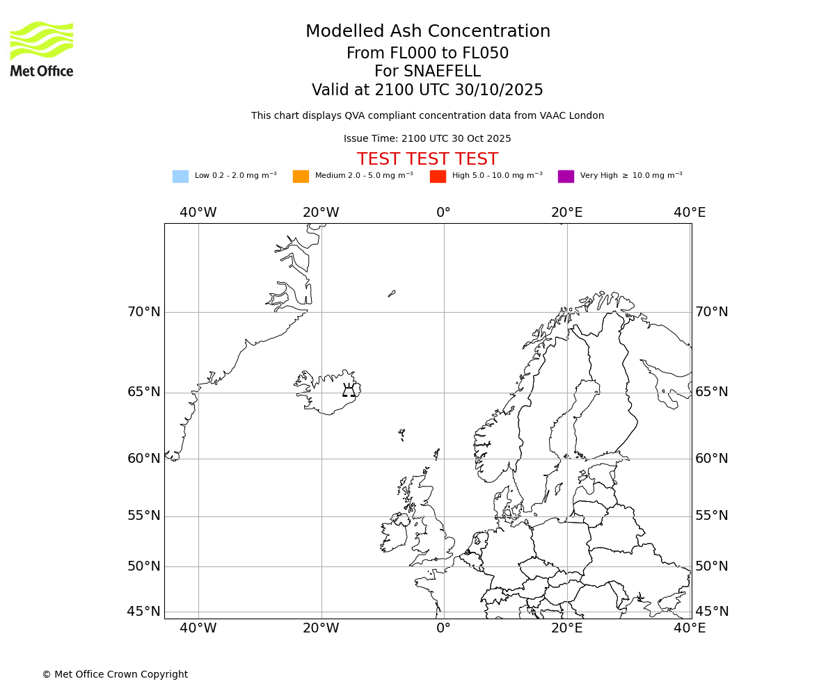 Modelled ash concentration from 000 to 050 for SNAEFELL. Valid at 2100 UTC 30/10/2025