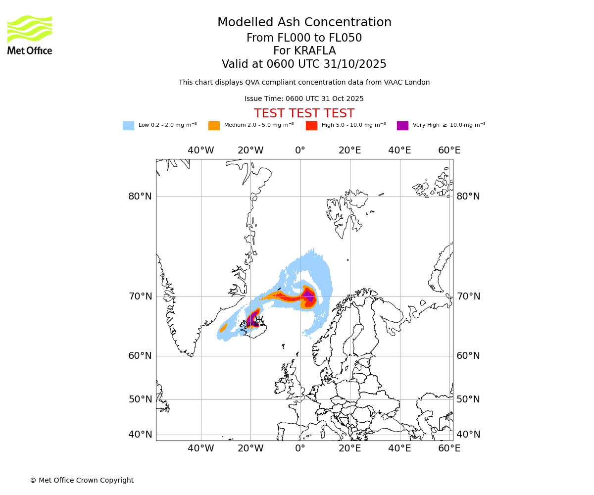 Modelled ash concentration from 000 to 050 for KRAFLA. Valid at 0600 UTC 31/10/2025