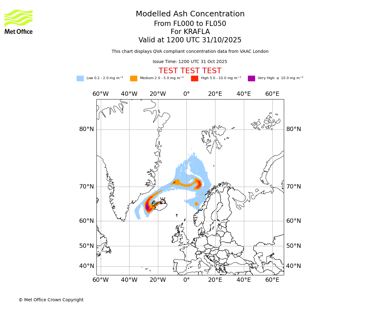 Modelled ash concentration from 000 to 050 for KRAFLA. Valid at 1200 UTC 31/10/2025