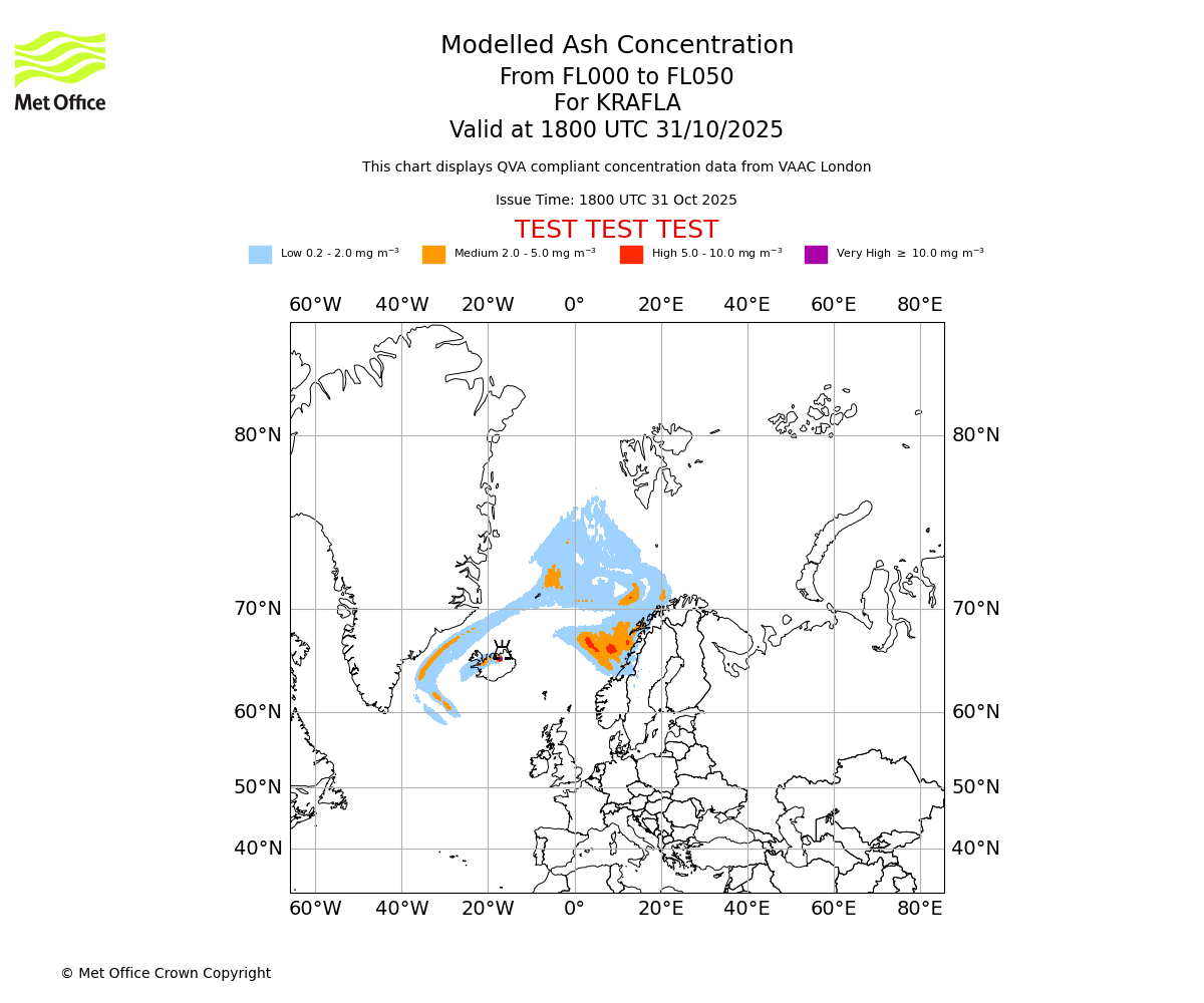 Modelled ash concentration from 000 to 050 for KRAFLA. Valid at 1800 UTC 31/10/2025