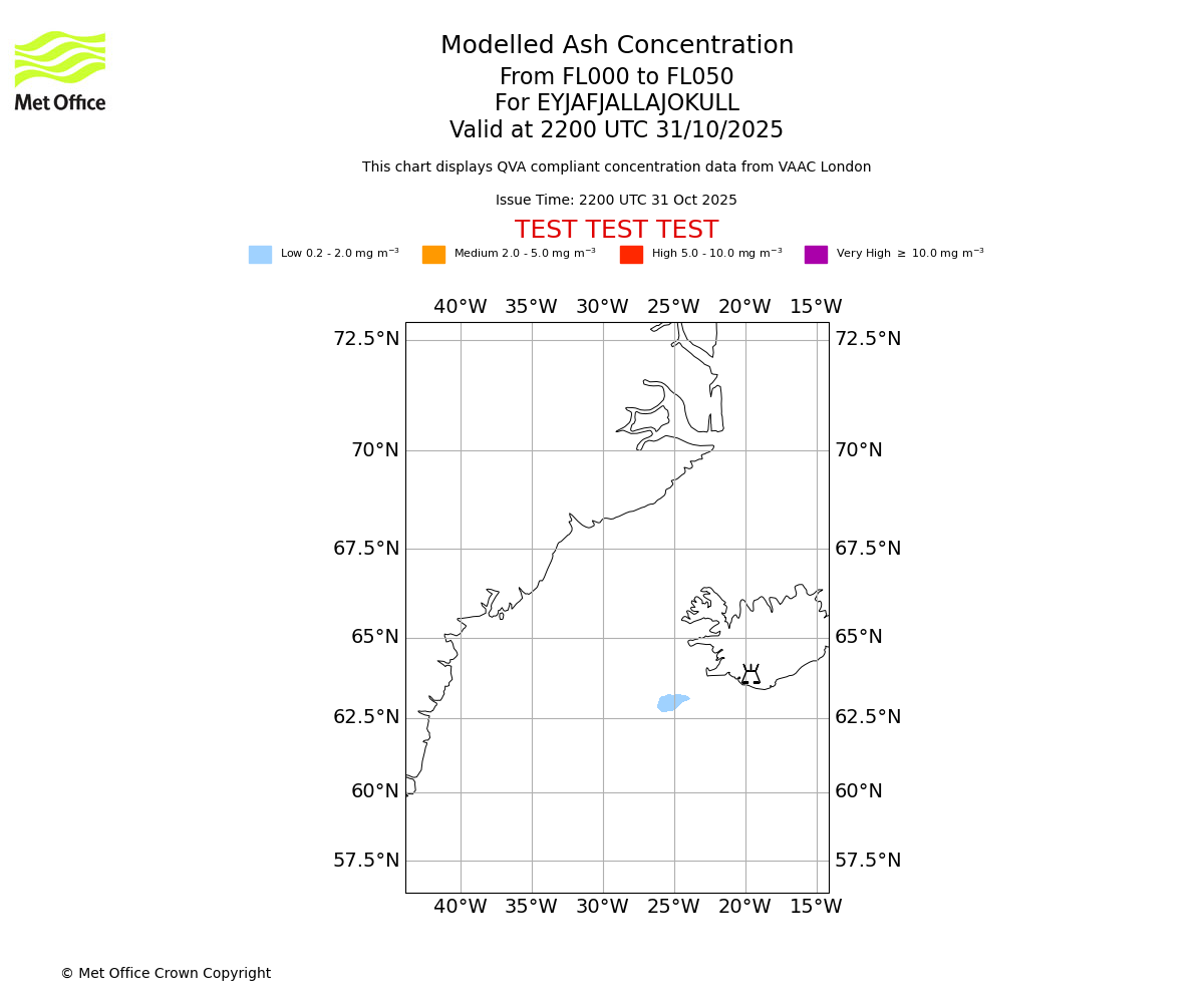 Modelled ash concentration from 000 to 050 for EYJAFJALLAJOKULL. Valid at 2200 UTC 31/10/2025