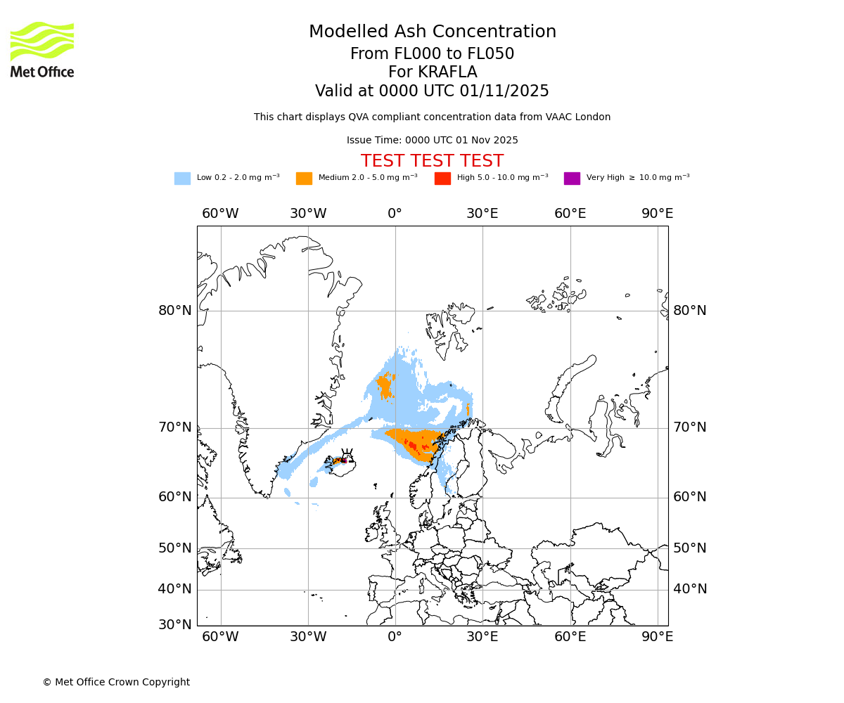 Modelled ash concentration from 000 to 050 for KRAFLA. Valid at 0000 UTC 01/11/2025
