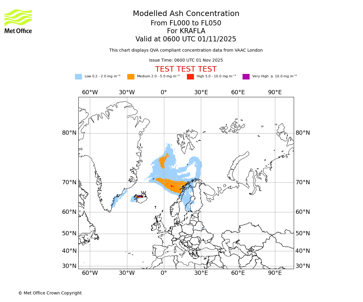 Modelled ash concentration from 000 to 050 for KRAFLA. Valid at 0600 UTC 01/11/2025