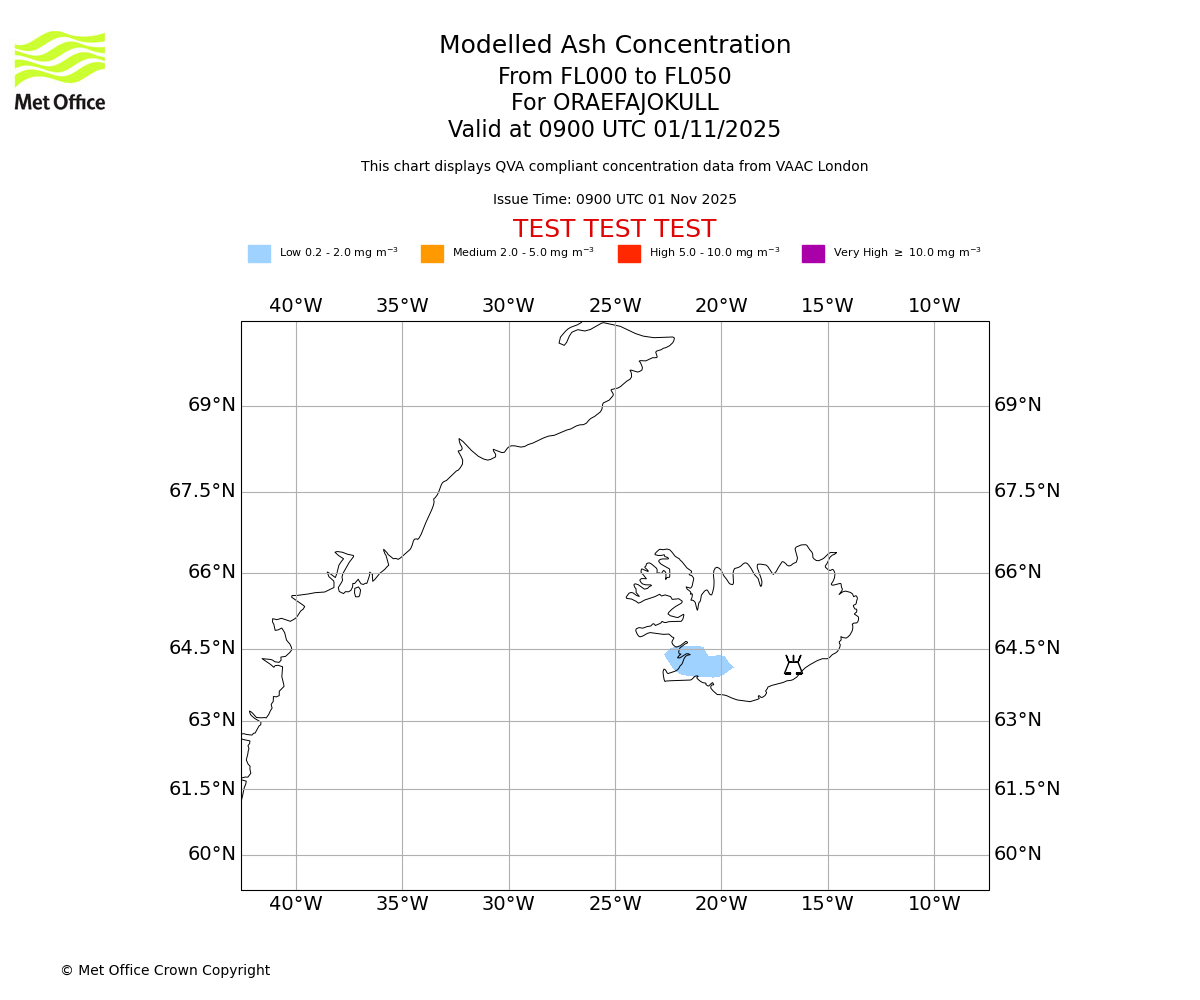 Modelled ash concentration from 000 to 050 for ORAEFAJOKULL. Valid at 0900 UTC 01/11/2025