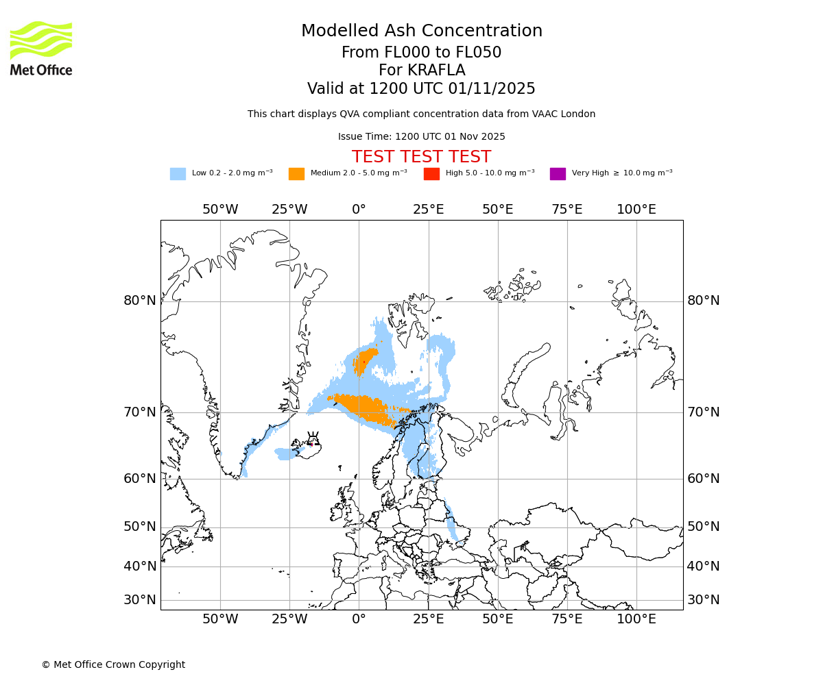 Modelled ash concentration from 000 to 050 for KRAFLA. Valid at 1200 UTC 01/11/2025