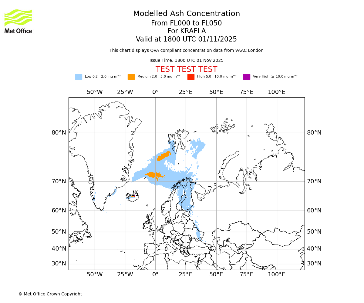 Modelled ash concentration from 000 to 050 for KRAFLA. Valid at 1800 UTC 01/11/2025