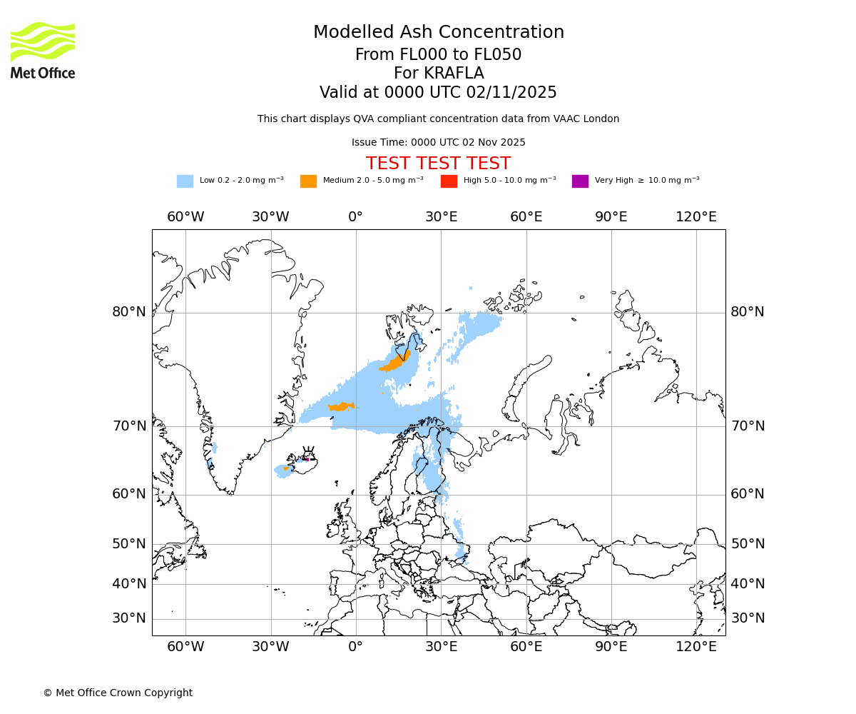 Modelled ash concentration from 000 to 050 for KRAFLA. Valid at 0000 UTC 02/11/2025