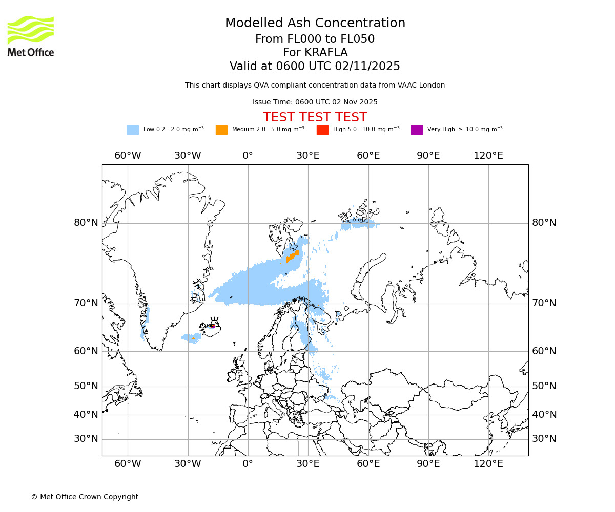 Modelled ash concentration from 000 to 050 for KRAFLA. Valid at 0600 UTC 02/11/2025